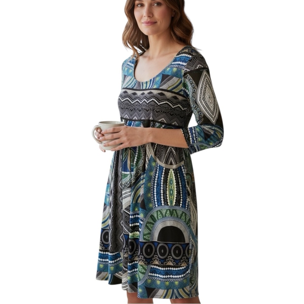 Sunny Leigh Blue, Brown, Green Pop Art Knit Jersey 3/4 Sleeve Dress - Small